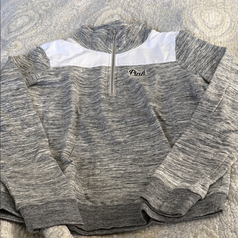 PINK Victoria's Secret Men's Gray Heather Quarter-Zip Pullover with White Yoke